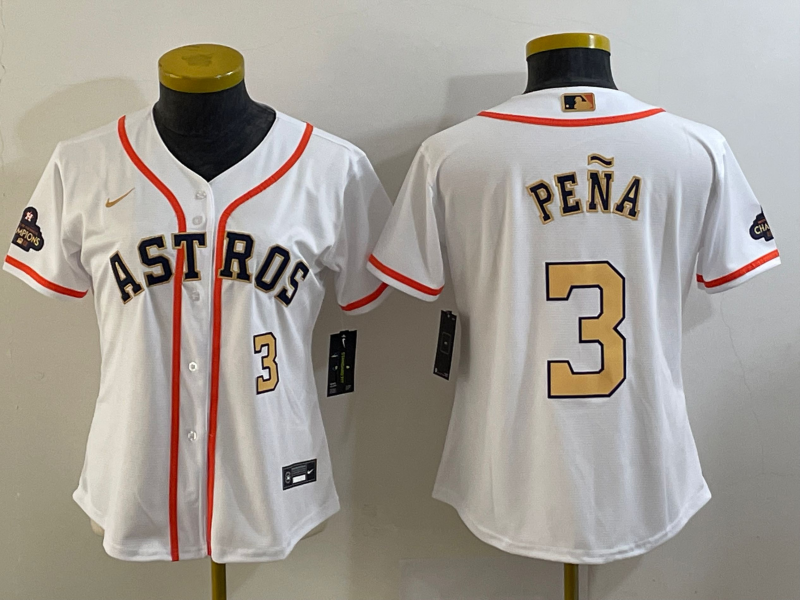 Youth Houston Astros #3 Jeremy Peña White 2023 Gold Collection With World Serise Champions Patch Stitched Baseball Jersey
